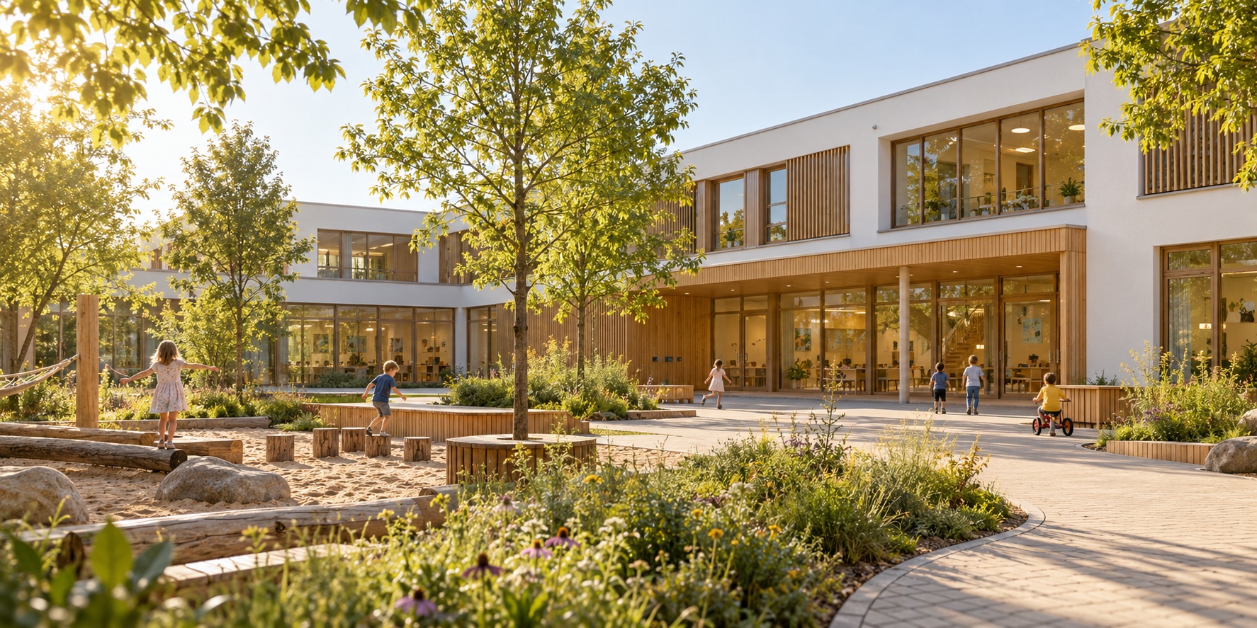 Visualisierung eines modernen öffentlichen Schulgebäudes mit begrüntem Innenhof